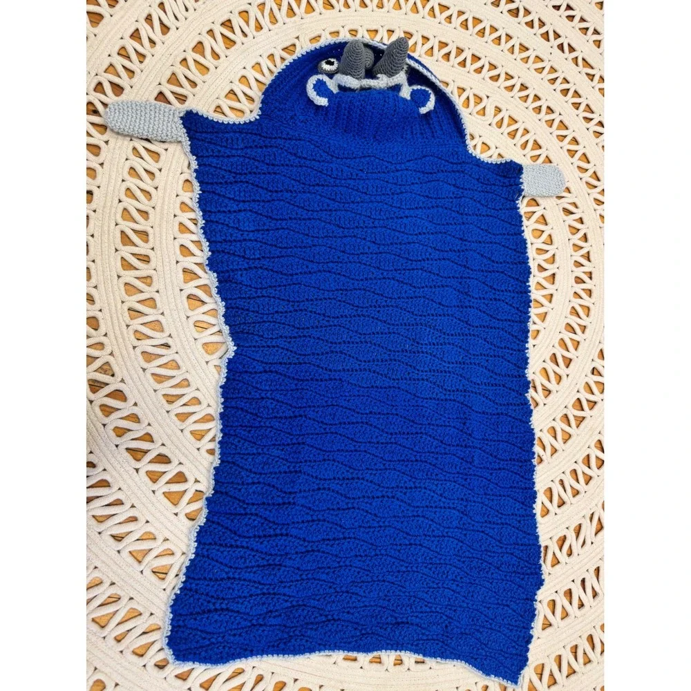 Handmade Crochet Dinosaur Triceratops Hooded‎ Blanket Blue Wearable Snuggle